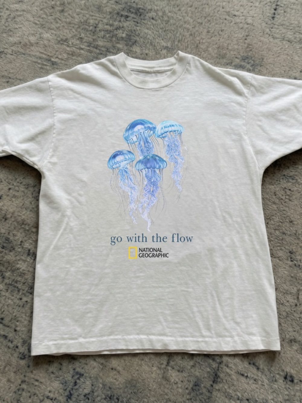 National Geographic White Tee with Blue Jellyfish Artwork